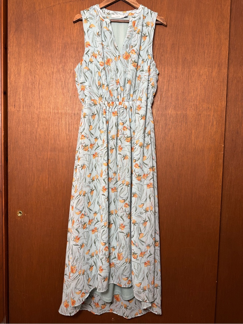 Lush Womenโs Floral Sleeveless High-Low Maxi Dress - Pale Blue - Medium